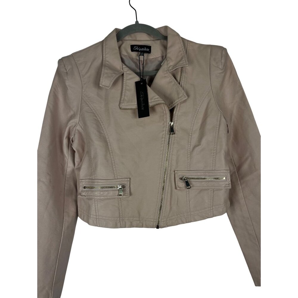 Shinestar Cropped Moto Jacket Faux Leather Beige Blush Zip Shoulder Pads L Y2K - Picture 2 of 16